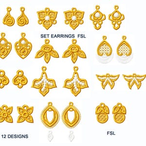 Puede incluir: Conjunto de 12 dise&ntilde;os de bordado dorado para pendientes, con varios patrones florales, geom&eacute;tricos y abstractos. Los dise&ntilde;os est&aacute;n etiquetados como "SET EARRINGS FSL" y "12 DESIGNS".