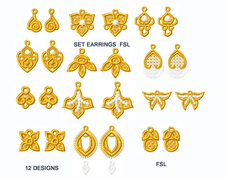 Puede incluir: Conjunto de 12 dise&ntilde;os de bordado dorado para pendientes, con varios patrones florales, geom&eacute;tricos y abstractos. Los dise&ntilde;os est&aacute;n etiquetados como "SET EARRINGS FSL" y "12 DESIGNS".
