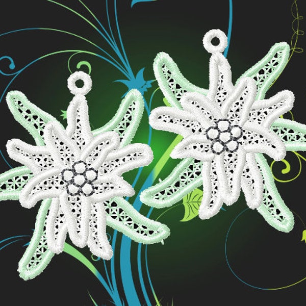 Edelweiss - Boucles d'oreilles dentelle FSL - 4 x 4 anneaux - Motifs de broderie machine. TÉLÉCHARGEMENT IMMÉDIAT N°304