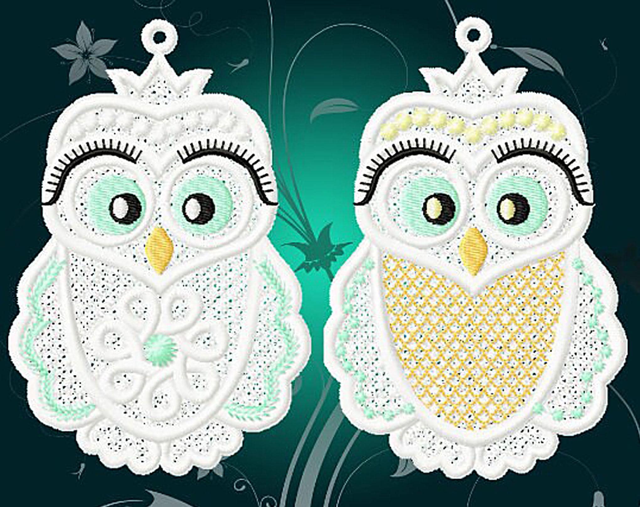 5 sizes FSL Owls - embroidery design, 2 designs - ith, lace,No.1265/insdo/pes, dst, jef, shv, csd, j