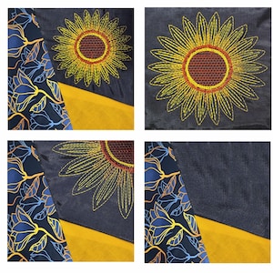 Könnte beinhalten: Eine Collage aus vier Bildern mit einem Sonnenblumen-Design. Die Sonnenblume ist mit gelbem und orangefarbenem Faden auf einem dunkelblauen Stoff gestickt. Der Hintergrund umfasst gelbe und blaue Blumenmuster.