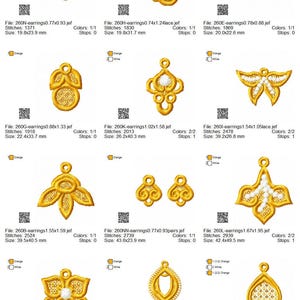 Puede incluir: Un conjunto de 10 dise&ntilde;os de bordado para pendientes con intrincados patrones florales y geom&eacute;tricos en oro y blanco. Los dise&ntilde;os est&aacute;n disponibles en formato .jef y var&iacute;an en tama&ntilde;o de 1,98 x 23,9 mm a 43,6 x 23,9 mm.