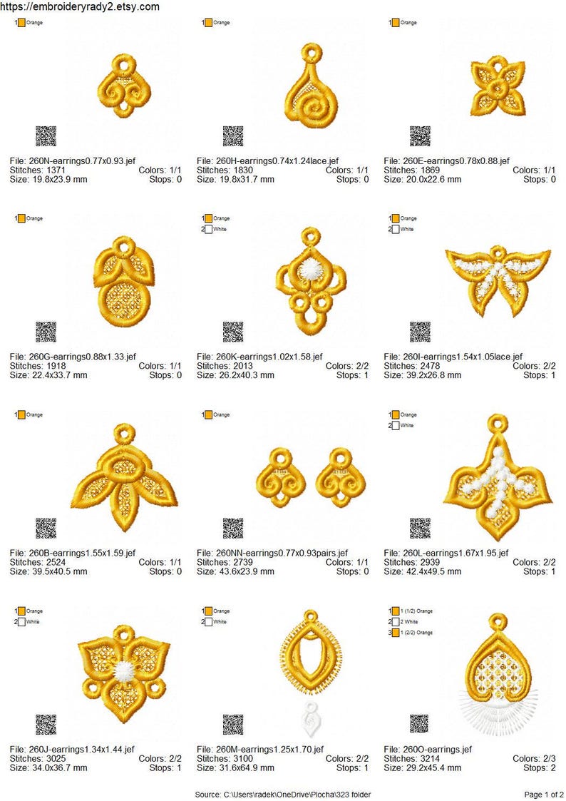 Puede incluir: Un conjunto de 10 dise&ntilde;os de bordado para pendientes con intrincados patrones florales y geom&eacute;tricos en oro y blanco. Los dise&ntilde;os est&aacute;n disponibles en formato .jef y var&iacute;an en tama&ntilde;o de 1,98 x 23,9 mm a 43,6 x 23,9 mm.
