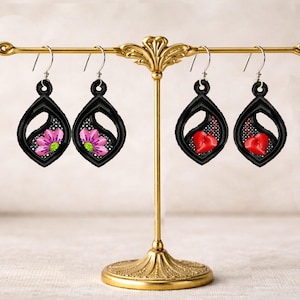 Pendientes de encaje FSL – 2 diseños – Aro 4x4 – Patrón de bordado ITH – Descarga instantánea – N.° 1092