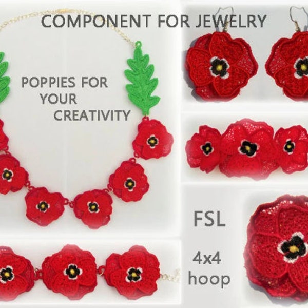 Ensemble 3D en dentelle de coquelicots-composants de broderie-FSL-No.561-4x4 créoles-ith-collier-bracelet-boucles d'oreilles-épingles à cheveux-broche-fichier./TÉLÉCHARGEMENT IMMÉDIAT