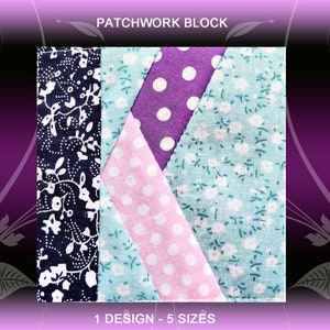 May include: Patchwork quilt block with a geometric design featuring a purple, pink, and blue fabric with white polka dots and a floral print. The block is labeled "PATCHWORK BLOCK".