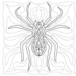 Könnte beinhalten: Eine Schwarzweiß-Zeichnung einer Spinne mit einem detaillierten Design auf ihrem Körper. Die Spinne ist von einem dekorativen Rand aus geschwungenen Linien umgeben.