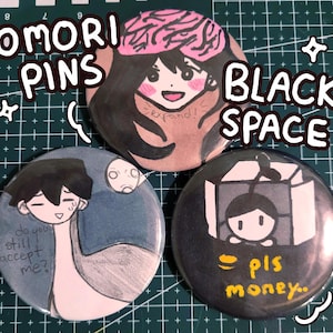 OMORI Pin Buttons Black Space Set || OMORI Hero Mari Hand drawn Pin Buttons 2.25&quot; / 5.5cm