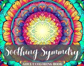 May include: A colorful mandala design with intricate details, perfect for adult coloring books. The design features a variety of colors, including pink, yellow, blue, and green. The text "Soothing Symmetry" and "Adult Coloring Book" is displayed below the mandala.