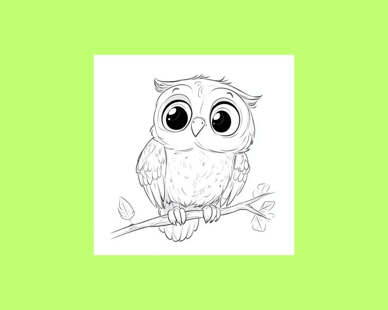 May include: A black and white line drawing of a cartoon owl with large eyes perched on a branch.