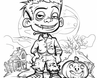 May include: Black and white cartoon illustration of a Frankenstein-like character with stitches, standing next to a carved pumpkin. A spooky house and bare tree are in the background, with a full moon in the sky. Halloween themed.