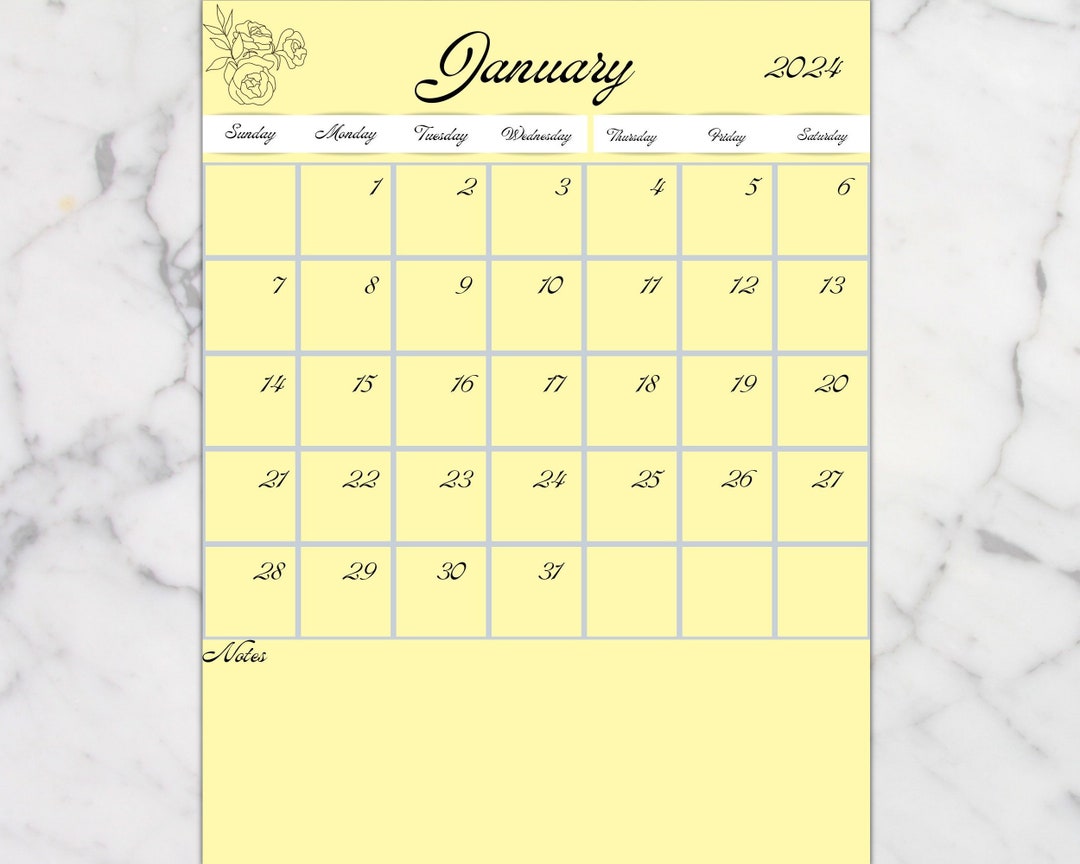 2024 Yellow Birth Flower Calendar Printable Planner Elegant Font Multi