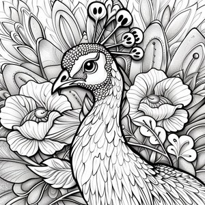 Elegant Peacock Coloring Pages - Instant Download - US Letter & A4 Sizes
