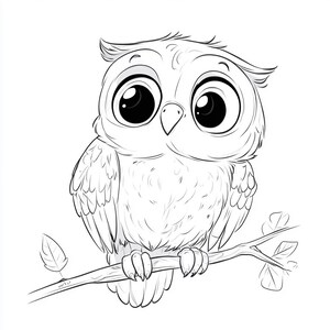 May include: A black and white line drawing of a cartoon owl with large eyes perched on a branch. The owl is looking to the right.