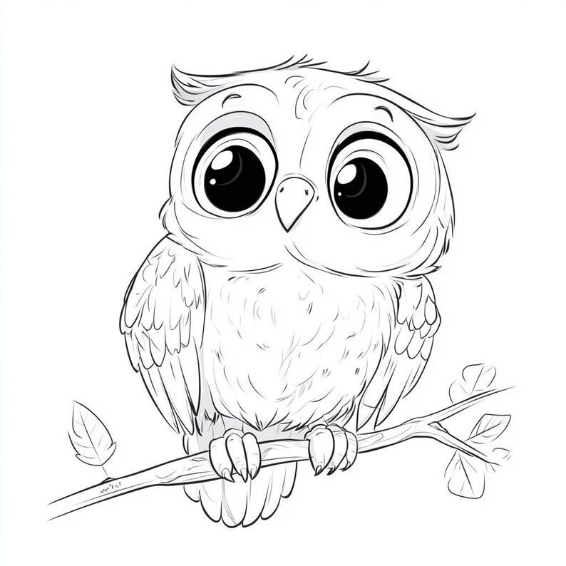 May include: A black and white line drawing of a cartoon owl with large eyes perched on a branch. The owl is looking to the right.