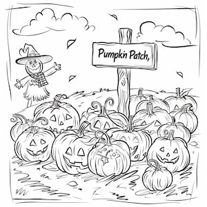 Puede incluir: Ilustración en blanco y negro de una escena de campo de calabazas. Un espantapájaros saluda cerca de un letrero que dice "Pumpkin Patch". Calabazas talladas con caras de jack-o'-lantern están en primer plano, con hojas y nubes en el fondo.