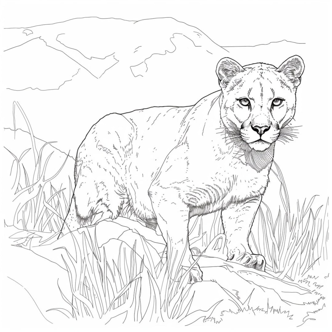Mountain Lion Coloring Pages Digital Download, Detailed Wildlife Art