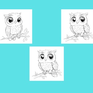 May include: Three black and white line drawings of owls perched on branches. Each owl has large, round eyes and a cute, cartoonish expression.