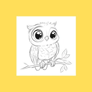 May include: A black and white line drawing of an owl with large eyes perched on a branch.