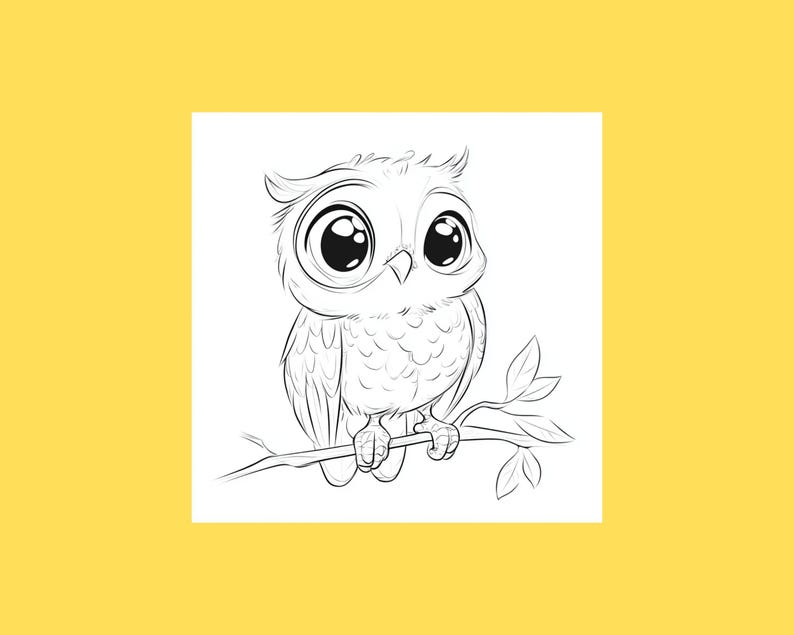 May include: A black and white line drawing of an owl with large eyes perched on a branch.