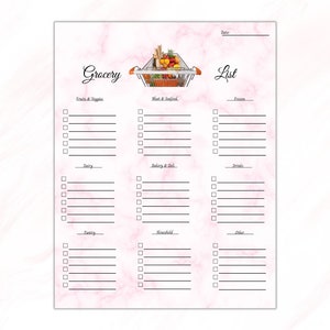 May include: A printable grocery list with a hand-drawn illustration of a shopping trolley filled with groceries. The list is divided into categories: Fruits & Veggies, Meat & Seafood, Frozen, Dairy, Bakery & Deli, Drinks, Pantry, Household, and Other.