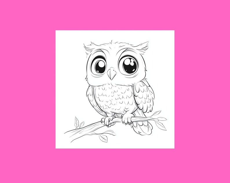 May include: A black and white line drawing of a cartoon owl with large eyes perched on a branch.