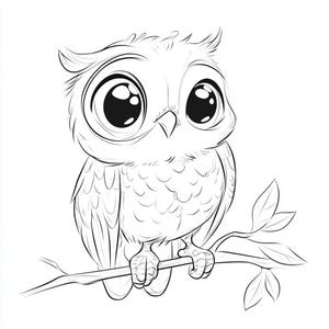 May include: A black and white line drawing of a cartoon owl with large eyes perched on a branch. The owl has a round body and feathery wings.