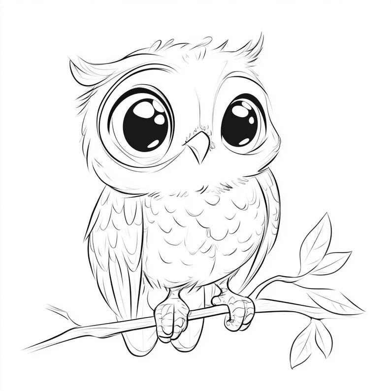 May include: A black and white line drawing of a cartoon owl with large eyes perched on a branch. The owl has a round body and feathery wings.