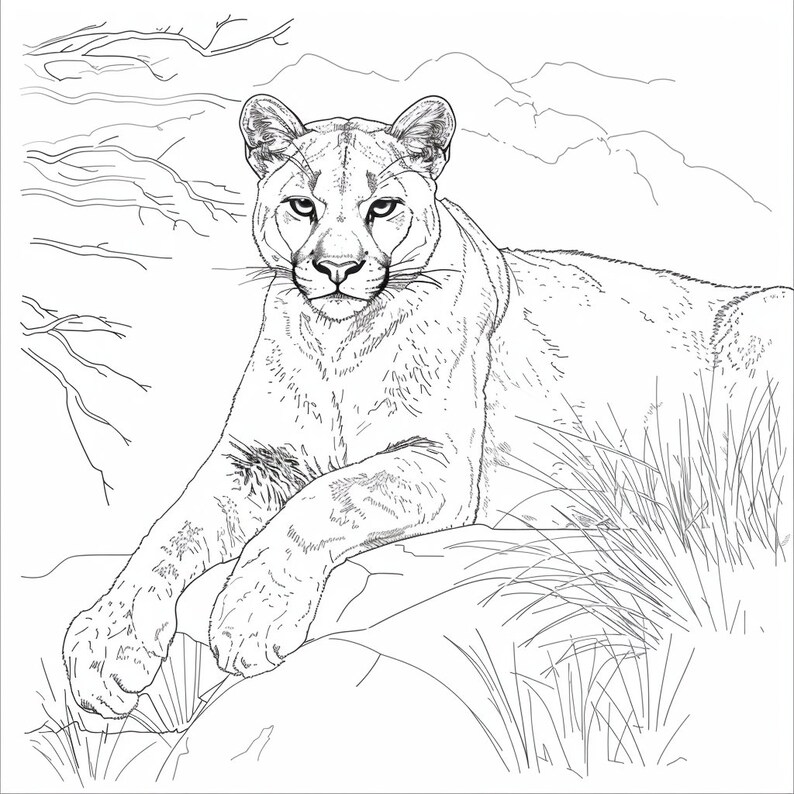 Mountain Lion Coloring Pages - Digital Download, Detailed Wildlife Art