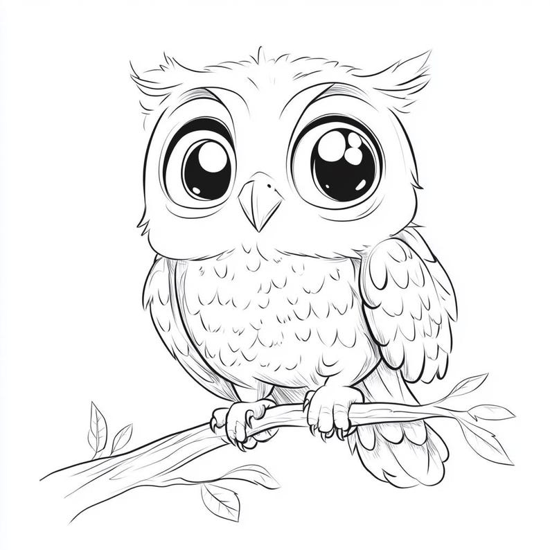 May include: A black and white line drawing of a cartoon owl with large eyes perched on a branch.