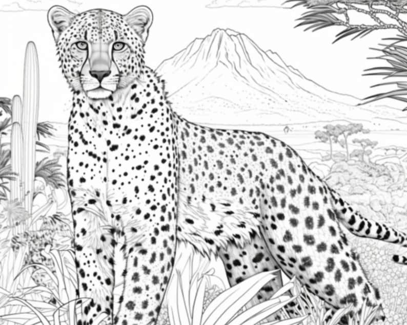Cheetah Coloring Pages Elegant Black & White Outlined Printable PDF in