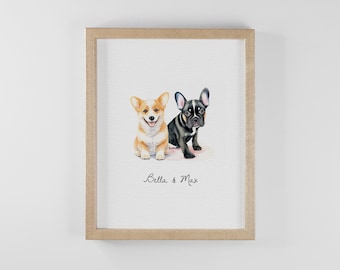 Two Pet Mini Custom Watercolor Portrait Print, 2 Dog Portrait Print, Multiple Pet Portrait, Three Dog Portrait, Four Pet Portrait Painting