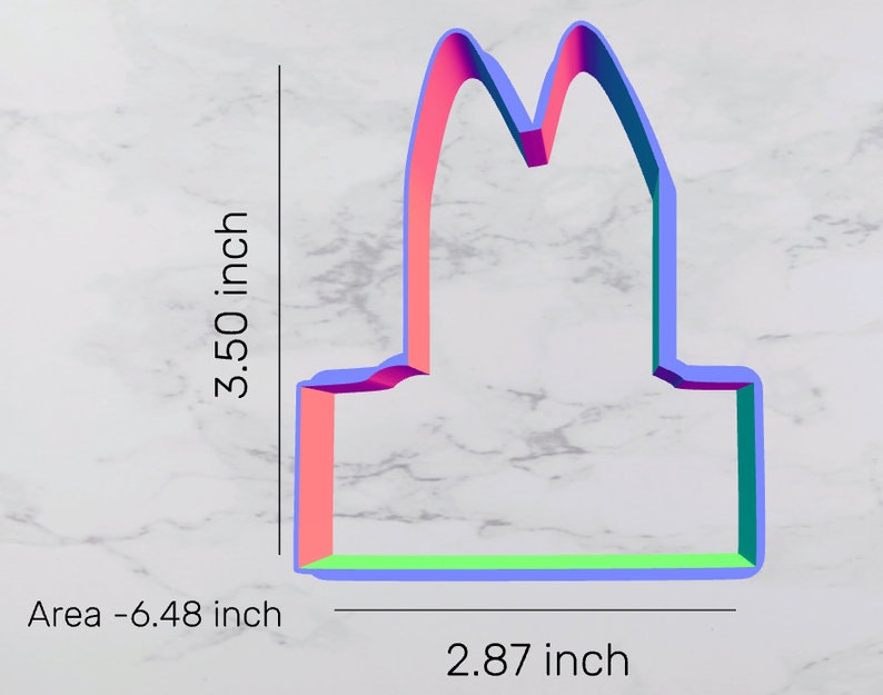 May include: A pink, blue, and green plastic cookie cutter shaped like a bunny rabbit. The cutter is 3.50 inches tall and 2.87 inches wide. Area is 6.48 square inches.