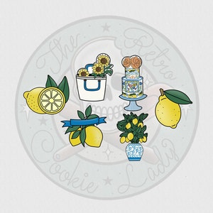 May include: A set of six colorful enamel pins featuring lemons, sunflowers, a cake, a tote bag, and a potted plant. The pins are all in a retro style and have a white background with black outlines. The text "The Retro Cookie Lady" is written in a circle around the pins.