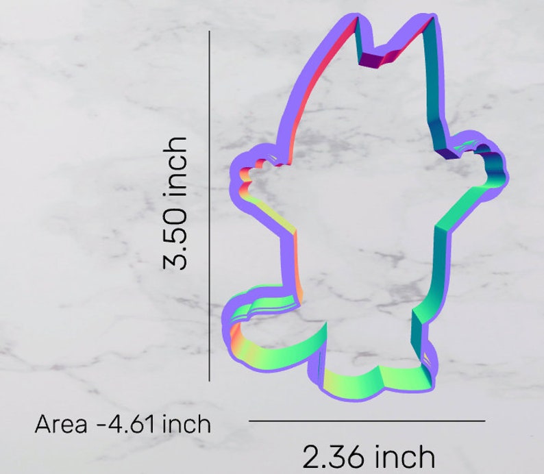 May include: A rainbow-colored cookie cutter shaped like a cartoon cat. The cutter is 3.50 inches tall and 2.36 inches wide. Area -4.61 inch.