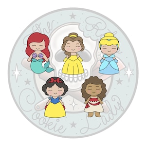 May include: Five Disney princess cookie cutters, featuring Ariel, Belle, Cinderella, Snow White, and Moana. The cookie cutters are in a circle on a light blue background with the text "The Cookie Lady" in a circle around the cookie cutters.