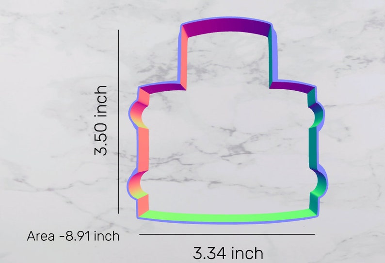 May include: A colorful plastic cookie cutter shaped like a three-tiered cake. The cutter is 3.50 inches tall and 3.34 inches wide.