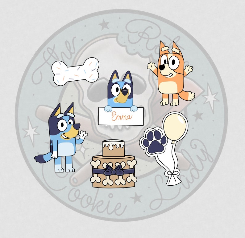 May include: A set of five blue and orange dog-themed cookie cutters. The cutters are shaped like a bone, a paw print, a balloon, a dog with a birthday hat, and a dog holding a sign that says "Emma".