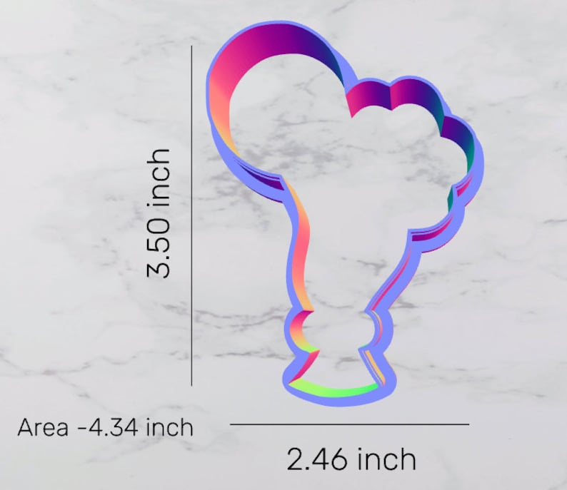 May include: A rainbow-colored cookie cutter shaped like a balloon with a knot at the bottom. The cutter is 3.50 inches tall and 2.46 inches wide. Area is 4.34 square inches.