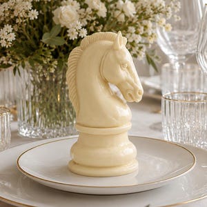 May include: A cream-colored ceramic chess knight sculpture centered on a white dinner plate with a thin gold rim. The plate is part of a formal table setting featuring clear ribbed glassware, gold-toned flatware, and a white cloth napkin.