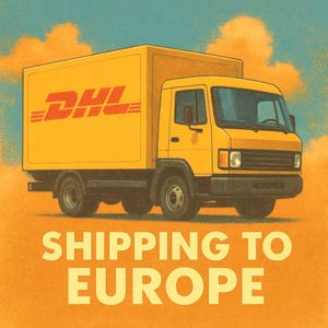 Könnte beinhalten: Illustration eines gelben DHL-Lieferwagens mit dem roten DHL-Logo. Der Text "SHIPPING TO EUROPE" steht unter dem LKW. Der Hintergrund ist ein Farbverlauf von Orange und Blau.