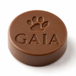 May include: A round, brown, solid disc featuring an embossed paw print icon above the word GAIA in capital letters. The object has a smooth, matte finish and a uniform, cylindrical shape with a flat top surface and vertical sides.