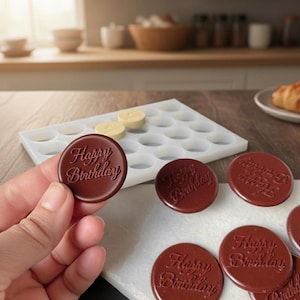 Custom Chocolate Coin Mold – 24 Cavities Ø35×3 mm, Food-Grade Platinum Silicone, Clean Logo Relief