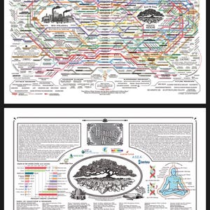 Könnte beinhalten: Ein zweiteiliges Poster mit dem Titel "The Healing Web" mit detaillierten Infografiken. Das obere Feld zeigt ein kartenähnliches Diagramm mit miteinander verbundenen Pfaden und Text. Das untere Feld enthält Text, Diagramme und Illustrationen.