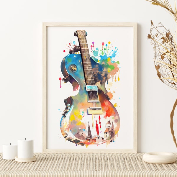 Watercolor Guitar Art, Abstract Rural Scene on Guitar Painting, Printable Wall Decor, Digital Instrument Print, Fine Art Print for Musicians