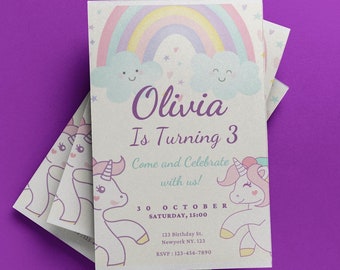 Modello di invito di compleanno a tema unicorno, invito per festa magica in rosa pastello (digitale)