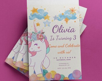 Invito di compleanno a tema unicorno, arcobaleno pastello scintillante (modello Canva)