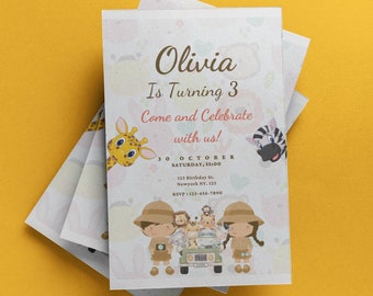 Invito di compleanno modificabile a tema safari, animali della giungla (download digitale)