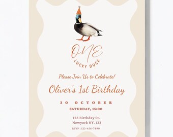 Invito per il primo compleanno di One Lucky Duck, acquerello beige (modello per dispositivi mobili)
