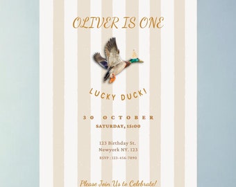 Invito per il primo compleanno di Lucky Duck, modello Canva modificabile (download digitale)